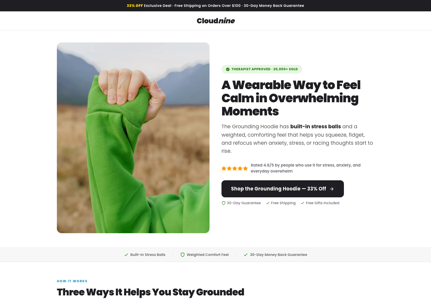 Dedicated Grounding Hoodie paid-social landing page